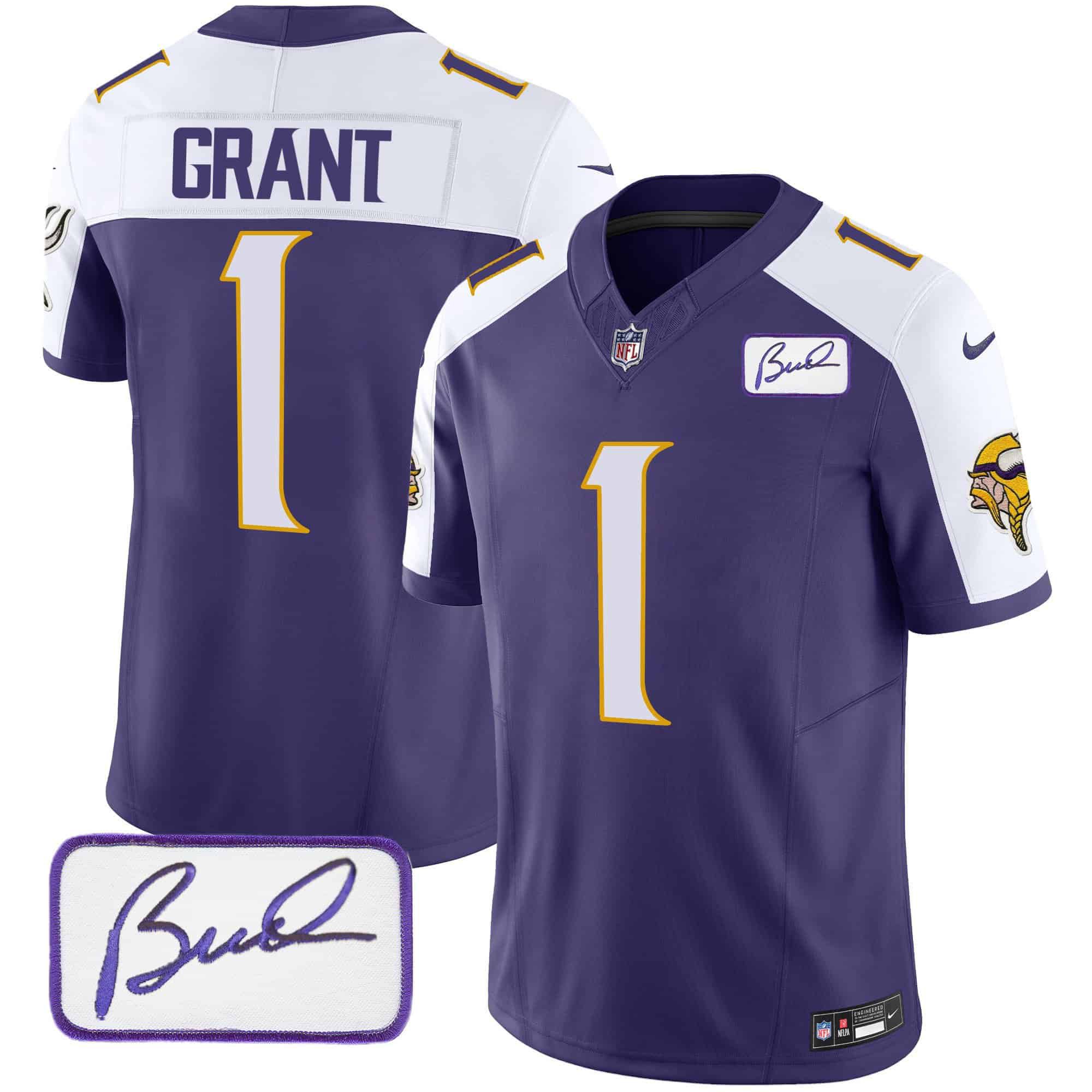 Men Minnesota Vikings 1 Grant Purple 2024 Nike Bud Grant Patch Classic Limited NFL Jersey style 2